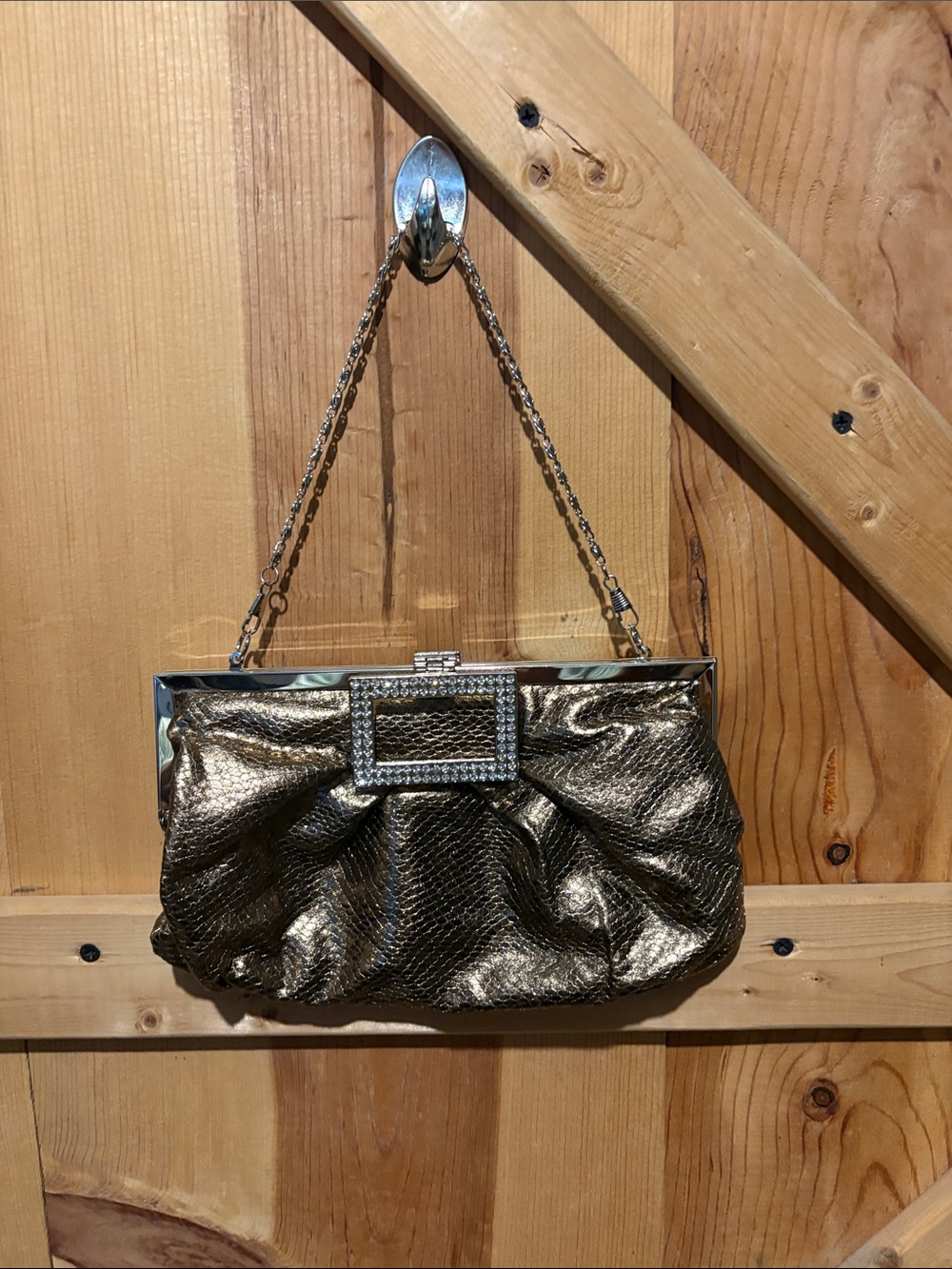 Gold Metallic Evening Clutch with Rhinestone Buckle and Chain